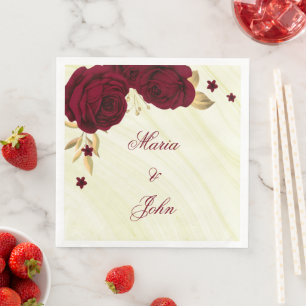 burgundy flowers gold leaves marble napkin
