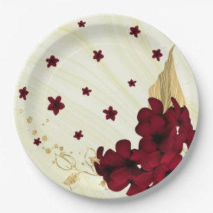 burgundy flowers gold leaves marble  paper plate
