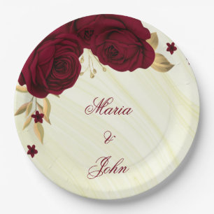burgundy flowers gold leaves marble paper plate