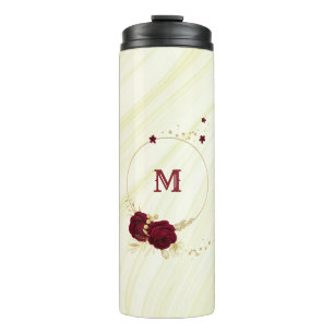 burgundy flowers gold leaves marble thermal tumbler