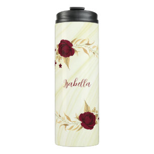 burgundy flowers gold leaves marble thermal tumbler