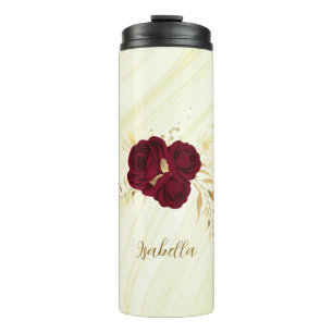burgundy flowers gold leaves marble thermal tumbler