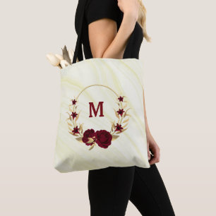 burgundy flowers gold leaves marble tote bag