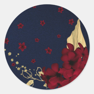 burgundy flowers gold leaves navy blue classic round sticker