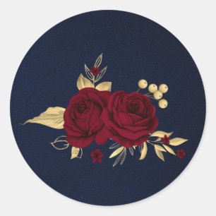 burgundy flowers gold leaves navy blue classic round sticker