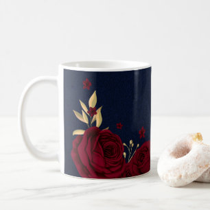 burgundy flowers gold leaves navy blue coffee mug
