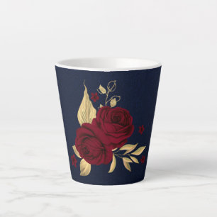 burgundy flowers gold leaves navy blue latte mug