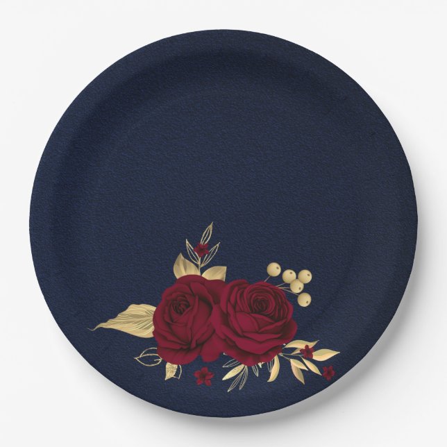 burgundy flowers gold leaves navy blue paper plate (Front)