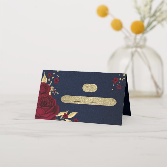 burgundy flowers gold leaves navy blue place card (Front)