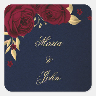 burgundy flowers gold leaves navy blue square sticker