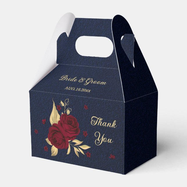 burgundy flowers gold leaves navy blue wedding favour box (Front Side)
