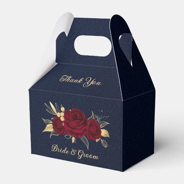 burgundy flowers gold leaves navy blue wedding favour box (Front Side)