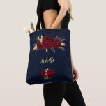 burgundy flowers gold leaves navy tote bag<br><div class="desc">elegant luxury burgundy flowers with some gold leaves on navy background tote bag</div>
