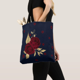 burgundy flowers gold leaves navy tote bag