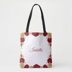 burgundy flowers & gold leaves white tote bag