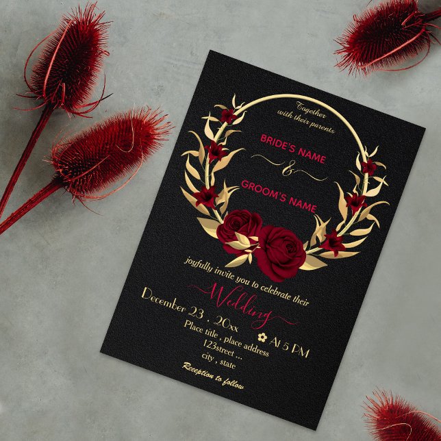 burgundy flowers gold wreath black wedding invitation (Creator Uploaded)