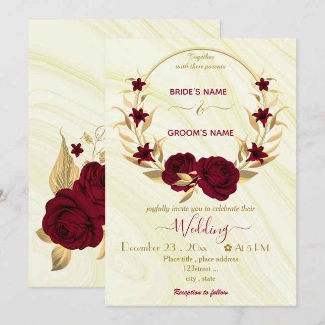 burgundy flowers gold wreath marble wedding invitation (Front/Back)