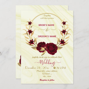 burgundy flowers gold wreath marble wedding invitation