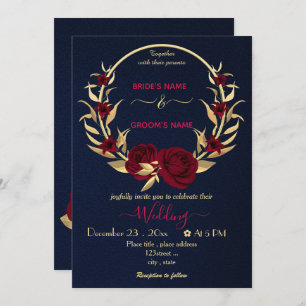 burgundy flowers gold wreath navy wedding invitation