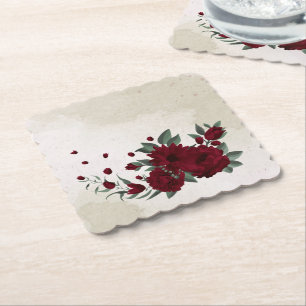 Burgundy flowers greenery paper coaster