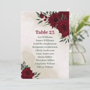 Burgundy flowers greenery seating chart card
