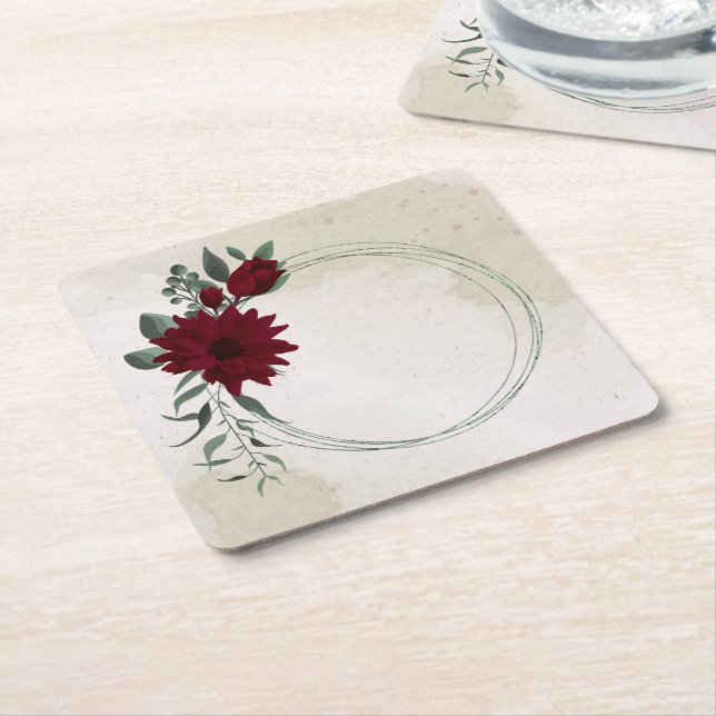 Burgundy flowers greenery square paper coaster (Angled)