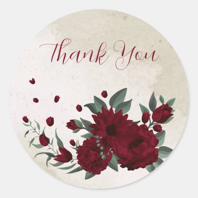 Burgundy flowers greenery thank you classic round sticker (Front)