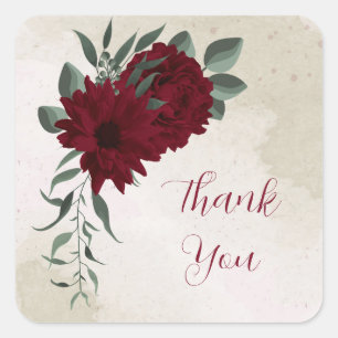 Burgundy flowers greenery thank you square sticker