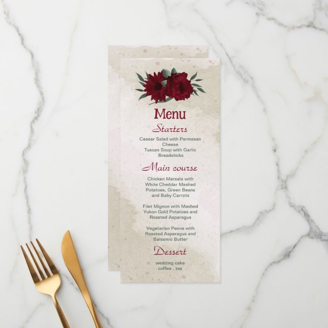 Burgundy flowers greenery wedding menu (Front/Back In Situ)