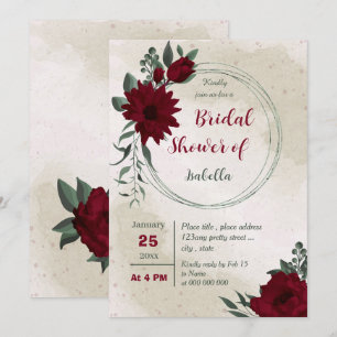 Burgundy flowers greenery wreath bridal shower invitation