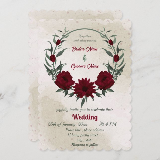 Burgundy flowers greenery wreath wedding invitation (Front/Back)