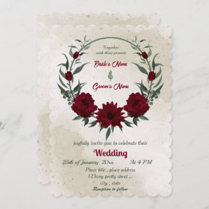 Burgundy flowers greenery wreath wedding invitation