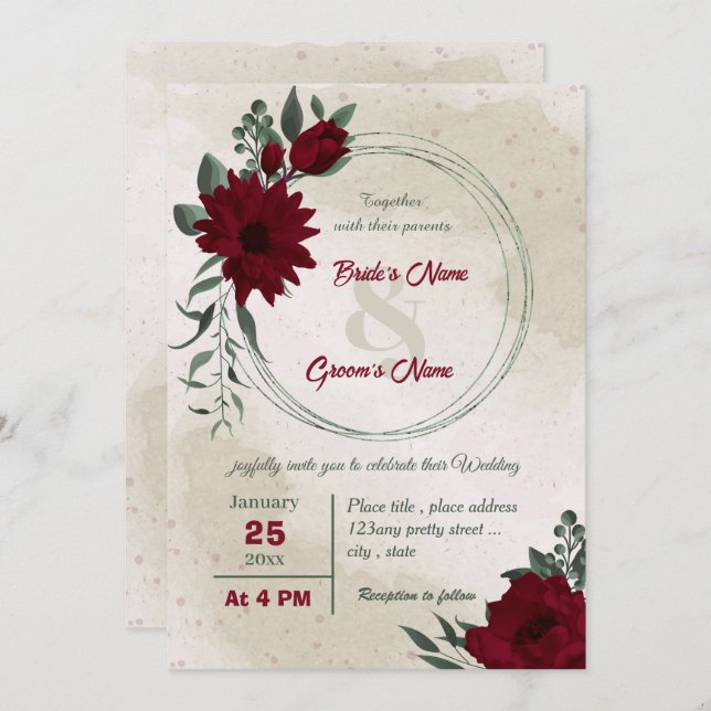 Burgundy flowers greenery wreath wedding invitation (Front/Back)