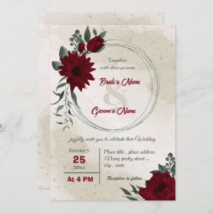 Burgundy flowers greenery wreath wedding invitation