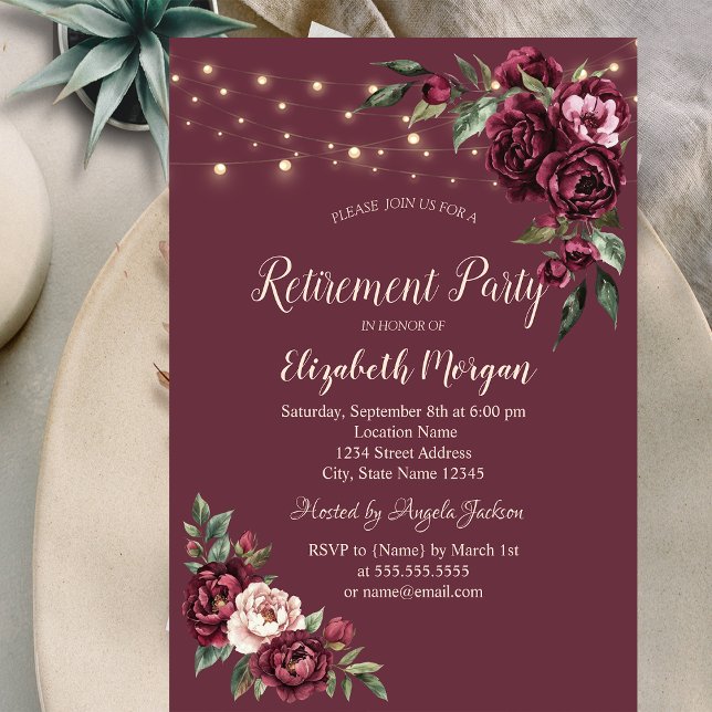 Burgundy Flowers Lights Burgundy Retirement  Invitation (Creator Uploaded)