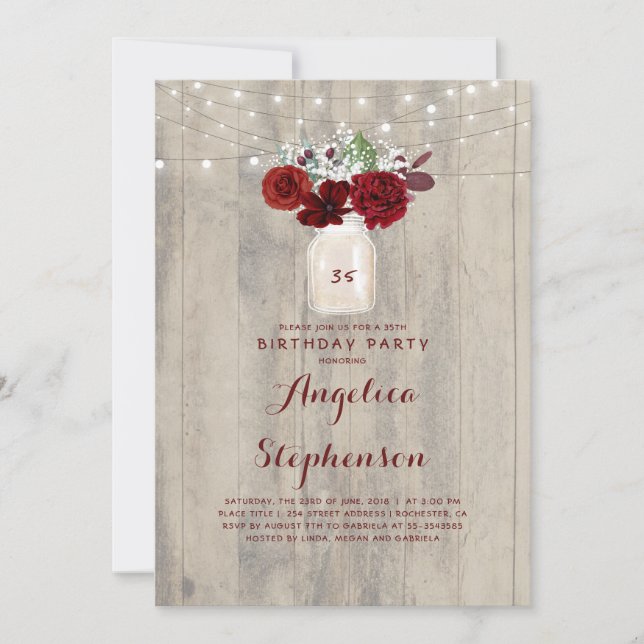Burgundy Flowers Mason Jar Rustic Birthday Party Invitation (Front)