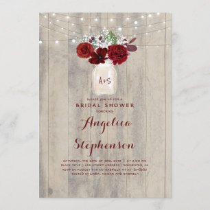 Burgundy Flowers Mason Jar Rustic Bridal Shower Invitation