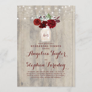 Burgundy Flowers Mason Jar Rustic Rehearsal Dinner Invitation