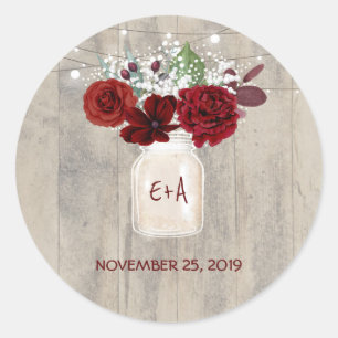 Burgundy Flowers Mason Jar Rustic Wedding Classic Round Sticker