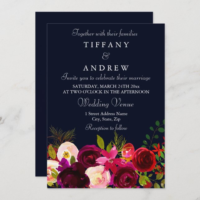 Burgundy Flowers Navy Elegant Wedding Invitation (Front/Back)