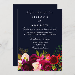 Burgundy Flowers Navy Elegant Wedding Invitation