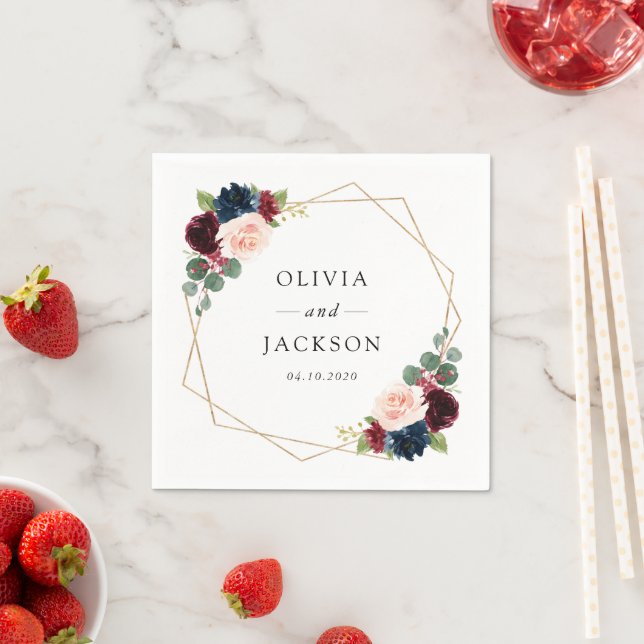 Burgundy Flowers, Navy Flowers, Floral Wedding Napkin (Insitu)