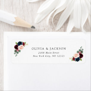 Burgundy Flowers, Navy Flowers, Floral Wedding Return Address Label