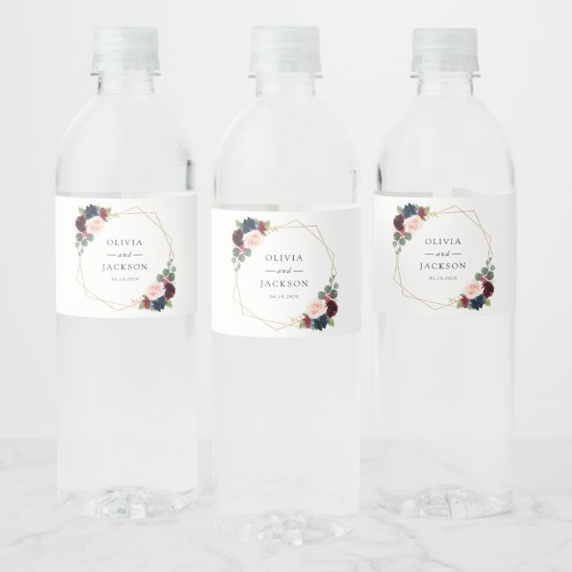 Burgundy Flowers, Navy Flowers, Floral Wedding Water Bottle Label (Bottles)