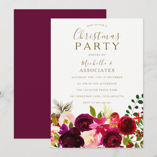 Burgundy Flowers Office Work Christmas Party Invitation (Front/Back)