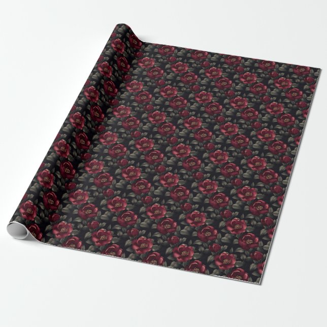 Burgundy Flowers on Black Wrapping Paper (Unrolled)