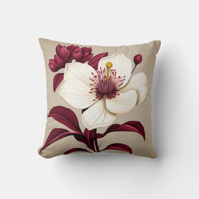 Burgundy Flowers On Cream Cushion (Front)