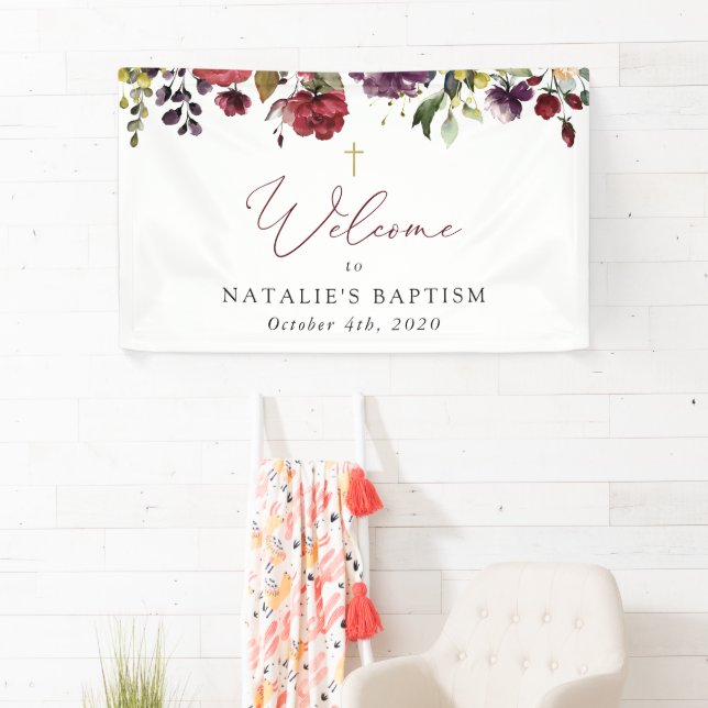 Burgundy Flowers, Pink Flowers, Baptism Welcome Banner (Insitu)