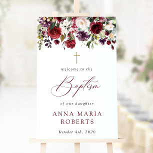 Burgundy Flowers, Pink Flowers, Baptism Welcome Poster