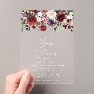 Burgundy Flowers, Pink Flowers, Boho, Baby Shower Acrylic Invitations